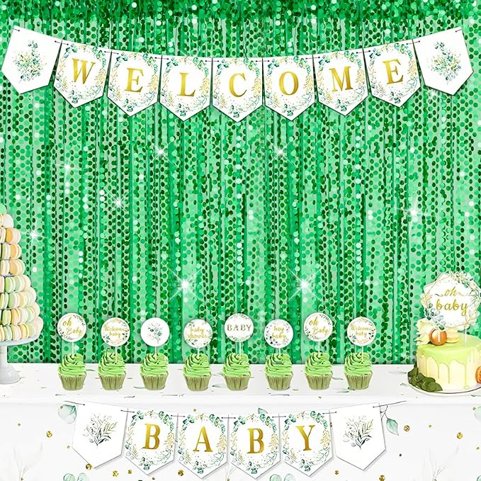 2 Packs 4x8FT Green Sequin Backdrop Curtains Glitter Background Graduation Backdrop Class of 2025 Wedding Party Birthday Decor