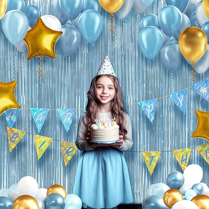2 Pack Metallic Light Blue Fringe Backdrop, 3.2x8.2ft Shining Foil Tinsel Curtains, Birthday Party Decorations Door Streamers for Halloween, Christmas, Wedding, Graduation, Holiday, Theme Events