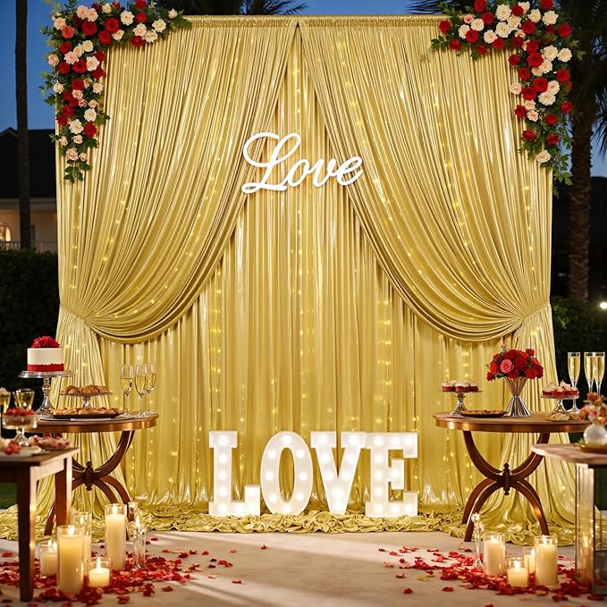 10x10 Gold Sequin Backdrop Curtain with Lights-Wrinkle Free Thick Glitter Backdrop Drapes for Wedding Parties Events Halloween Decor-2 Panels 5×10ft Shimmer Photo Booth Background for Photography