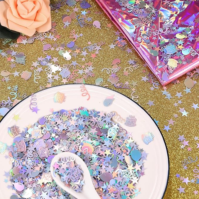 Iridescent Happy Birthday Confetti, 3000 Pcs Birthday Cake Table Metallic Foil Confetti Party Table Decor for Party, Baby Shower, DIY Arts and Crafting