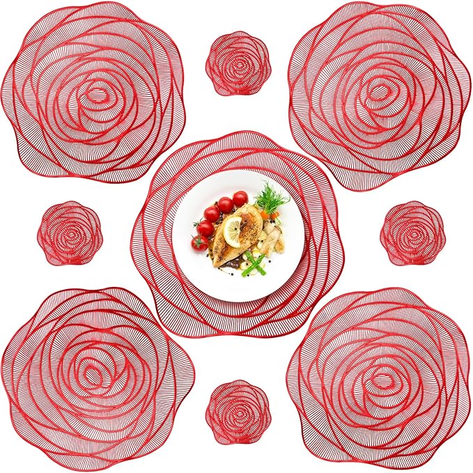 Sieral 12 Set 15 Inch Round Pressed Vinyl Placemats Hollow Out Rose Placemat Set Metallic Slip Resistant Place Mat Coaster Including Place Mats and Coasters for Wedding Dining Kitchen (Red)