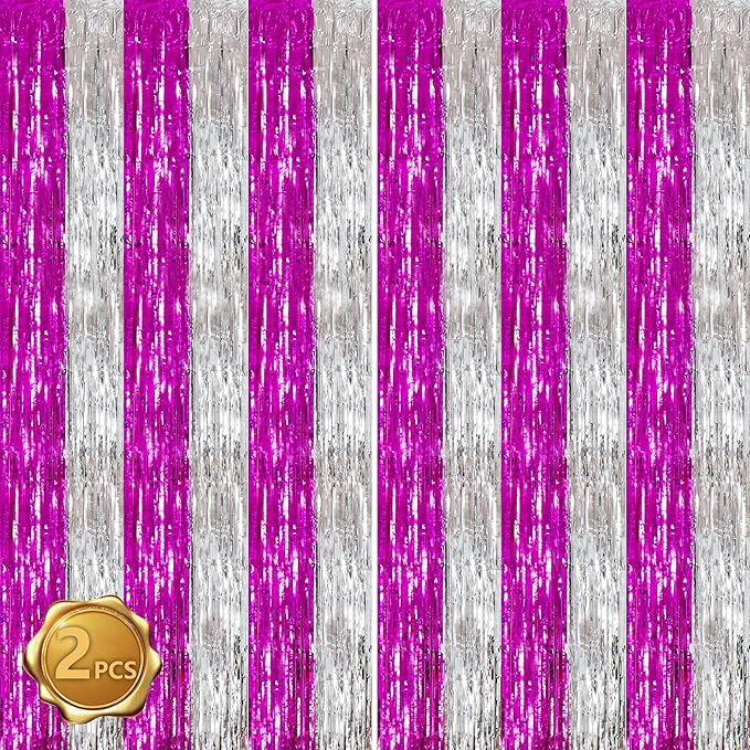 BEISHIDA Hot Pink Silver Door Streamers Backdrop Foil Fringe Tinsel Party Streamers Curtains Photo Backdrop - 2Pcs for Girl Birthday Valentines Graduation Bachelorette Party Decoations