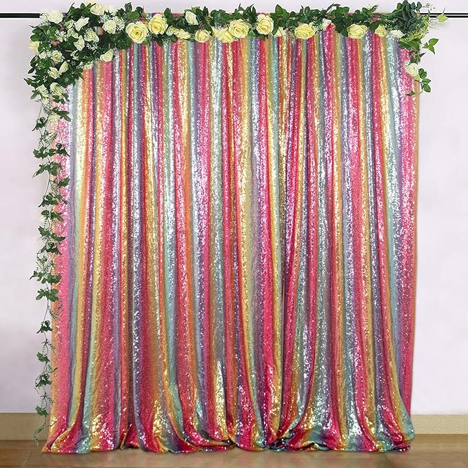 ShinyBeauty 7FTx7FT Glitter Rainbow Backdrop - Sequin Photo Studio Background for TikTok Videos Birthday Parties - Sparkling Shimmer Curtain