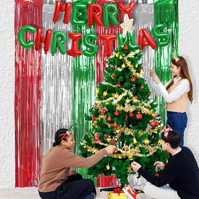 BRAVESHINE 2 Pack Fringe Backdrop Red Silver Green Christmas Party Decorations 3.2 x 6.6 ft Tinsel Foil Curtain Party Streamer Metallic Photo Backdrop for Christmas, New Year Decor