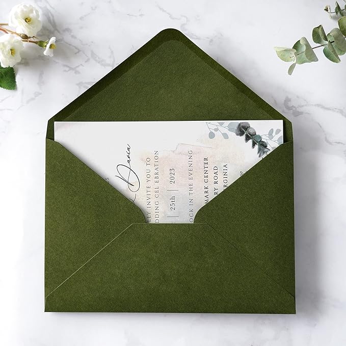 PONATIA 50 PCS/Pack A7 Envelopes, 5.25 x 7.28'' Olive Green Envelopes For 5x7'' Weddings Invitation Cards, Christmas Gift Cards, Acrylic Invitations, Photos and Any 5x7" Inserts