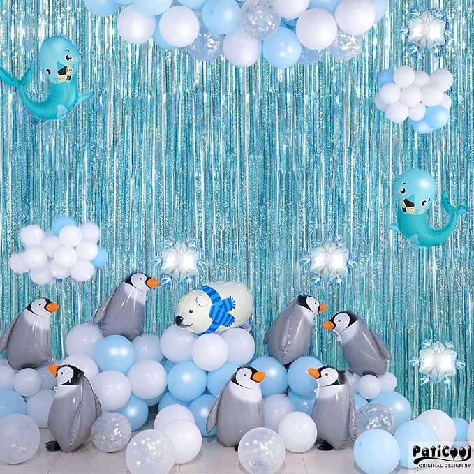 Light Blue Streamers Party Decorations - Thicken 2 Pack 3.2 x 8.2 FT - Blue Foil Fringe Backdrop Curtains for Birthday, Baby Shower, Bachelorette, Frozen, Pool, Under The Sea, Beach Party Decorations