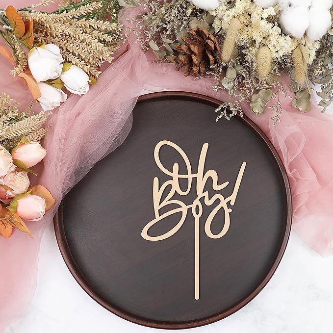Oh Boy Cake Topper - Wooden Baby Shower Cake Decorations for First Birthday/Gender Reveals Party, Photo Booth Props