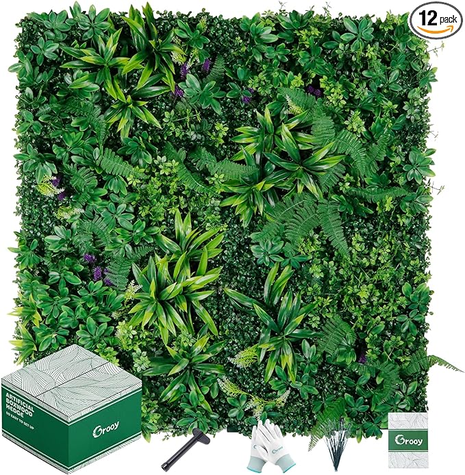 Artificial Boxwood Panels, Grass Wall Panels 20"x20"(12pcs), Privacy Hedge Fence Screen with UV Protection, Fake Greenery Backdrop for Indoor Wedding and Outdoor Garden Backyard