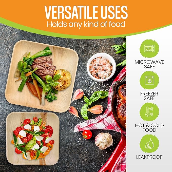 Raj Palm Leaf Plates Disposable Bamboo Plates 10 Inch & 7 Inch Square Party Pack (100 Pc) Compostable and Biodegradable - Better than Plastic & Paper Plate for Lunch, Birthday, Camping