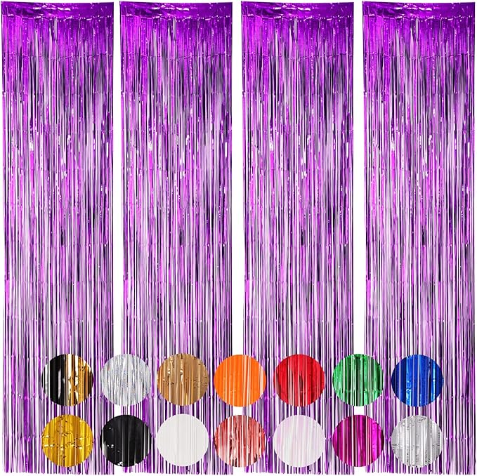 4 Pack Purple Foil Fringe Backdrop Curtains, Tinsel Streamers Birthday Party Decorations, Fringe Backdrop for Graduation, Baby Shower, Gender Reveal, Disco Party