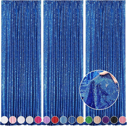 Glitter Backdrop Curtains Royal Blue Sequin Background 3 Packs 2FT x 8FT Sequin Fabric Baby Shower Birthday Party Decorations