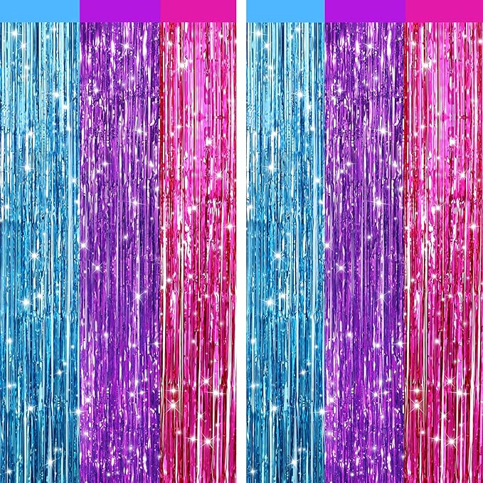 2 Pack Blue Purple Pink Metallic Tinsel Foil Fringe Curtains, Door Streamers Photo Booth Backdrop for Birthday Party, Tinsel Curtain Backdrop for Baby Shower Bachelorette Christmas Party Decorations