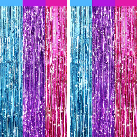2 Pack Blue Purple Pink Metallic Tinsel Foil Fringe Curtains, Door Streamers Photo Booth Backdrop for Birthday Party, Tinsel Curtain Backdrop for Baby Shower Bachelorette Christmas Party Decorations