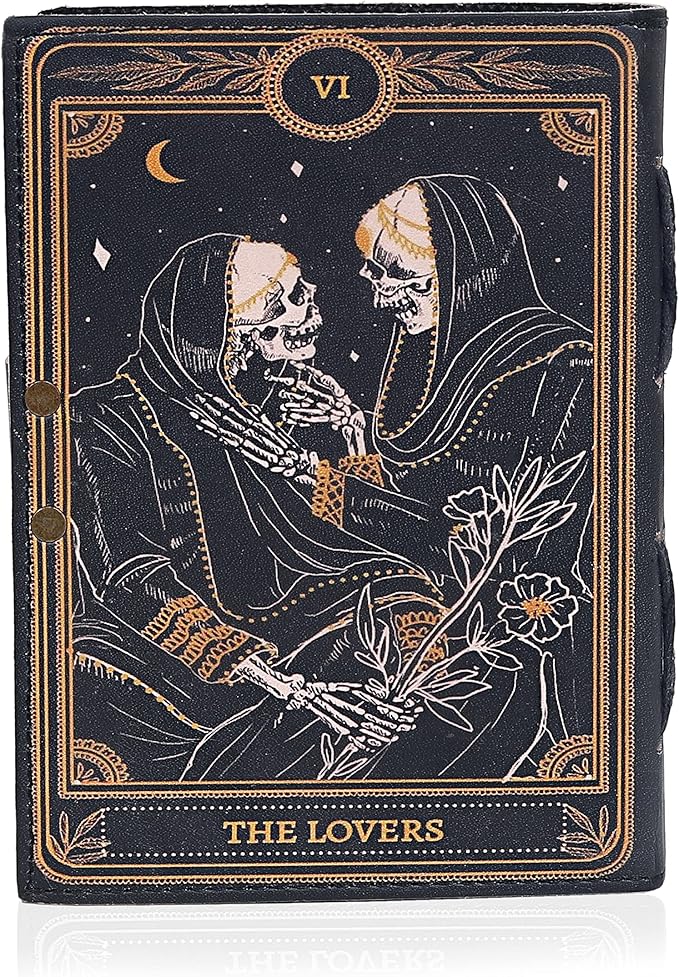 cuero Book of Spells Leather Journal Deckle Edge Paper Grimoire Printed Journal The Lovers Tarot Notebook Spiral Gothic Notebook Skull lover Antique Vintage Leather Journals for Men and Women