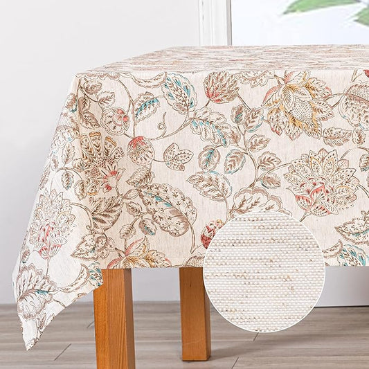 MYSKY HOME Linen Floral Tablecloth Rectangle 60x84 Inch Rustic Tablecloth Spring Summer Waterproof Fabric Table Cover Farmhouse Decoration Oblong for Kitchen, Dining and Outdoor Picnic, Brown