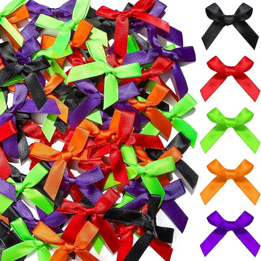YGDZ Mini Bows, 50 PCS Small Satin Bows for Crafts, Halloween Decor, 5 Colors (Black, Orange, Purple, Red, Green), Tiny Bows for Gift Wrapping