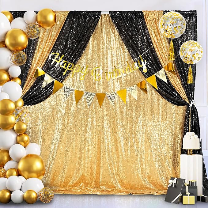 QueenDream Gold Sequin Backdrop Curtain Party Decorations: 10ft x 10ft Glitter Background Sequin Fabric for Wedding Birthday Ceremony