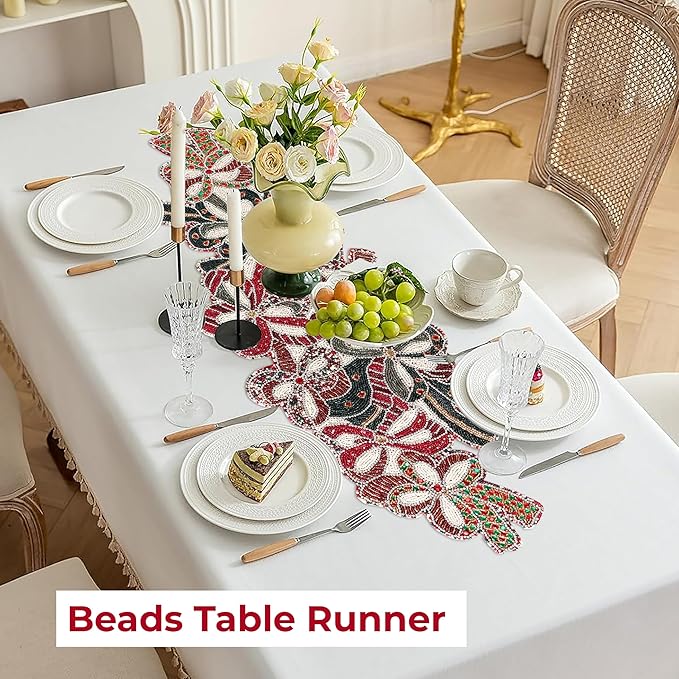 Elegant Glass Beads Table Runner 13x36 - Handcrafted Beaded Table Linen, Perfect for Weddings, Festive Celebrations, Dining Tables, Home Décor, and Everyday Use (Red White) - CLEENTABLE