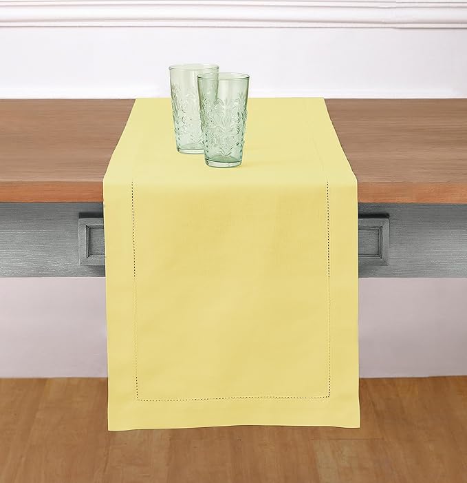 Solino Home Yellow Table Runner 48 Inches - Cotton Linen Hemstitch Coffee Table Runner 14 x 48 Inch Ideal for Dresser Tables