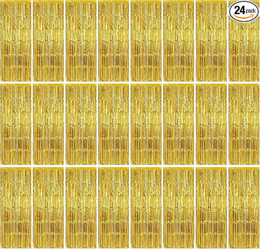 24 Pack Gold Metallic Foil Fringe Curtains, 3.2ft x 8.2ft Foil Fringe Curtain Backdrop Foil Streamers Party Supplies Tinsel Curtain Backdrop for Parties/Birthday/Halloween/Photo Booth