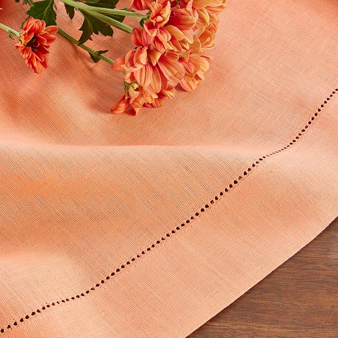 Solino Home Linen Tablecloth 60 x 132 Inch - Classic Hemstitch 100% Pure Linen Coral Table Cloth for Rectangle Tables - Machine Washable Tablecloth