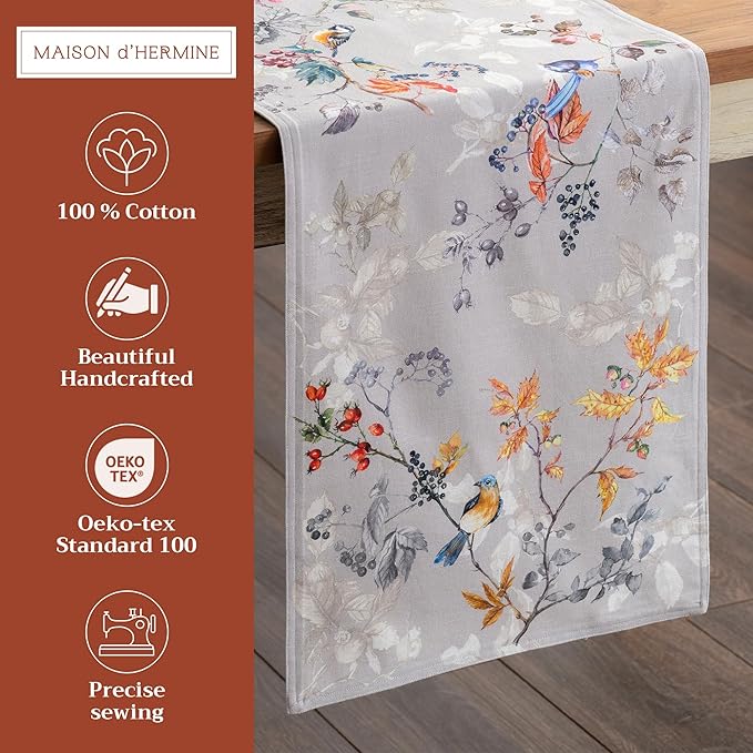 Maison d' Hermine Table Runner 100% Cotton Double Layer Table Runners 72 inches Long for Thanksgiving Christmas Decorations Home Kitchen Dining Party Wedding (Equinoxe - Grey, 14.5" x 72")
