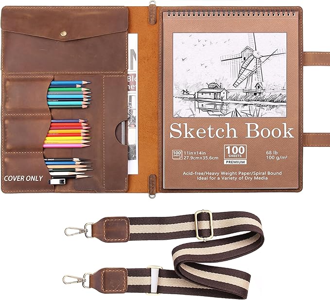 Robrasim Handmade Leather Sketchbook Cover, Artist Sketch Pad Holder for 11"X14" Top Spiral Bound Sketchbook, Drawing Book Pencil Case, Journal Portfolio with Shoulder Strap, Artist Gifts,Brown