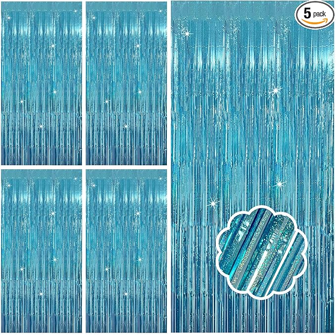 5 Pack Blue Tinsel Streamers Foil Fringe Curtains Backdrop for Baby Shower Graduation Gender Reveal Ocean Disco Theme Party Decorations