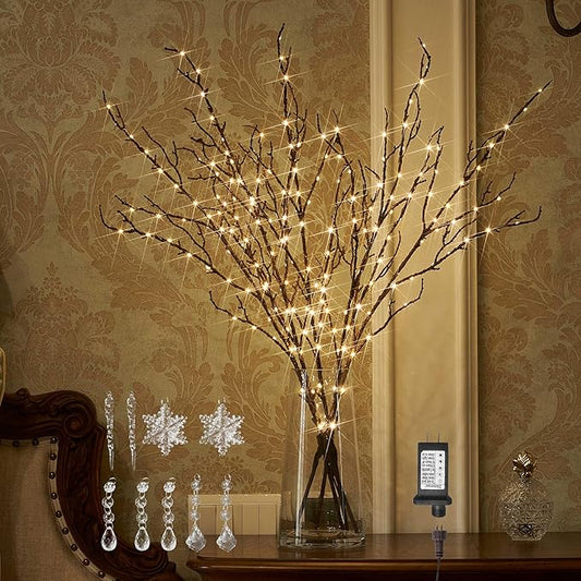 BAOLITVINE Lighted Branches Brown 32IN 200 Warm White Fairy Lights, Lighted Willow Branches with Timer, Dimmer for Home Bedroom Fireplace Christmas Decoration Inside Outdoor