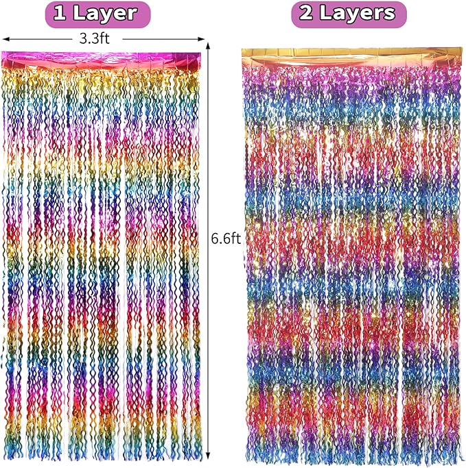 4 Pack Wavy Rainbow Foil Fringe Curtain | 3.3x6.6ft Colorful Tinsel Metallic Streamers Holiday Photo Booth Props Backdrop for Engagement Bridal Shower Unicorn Party Decorations