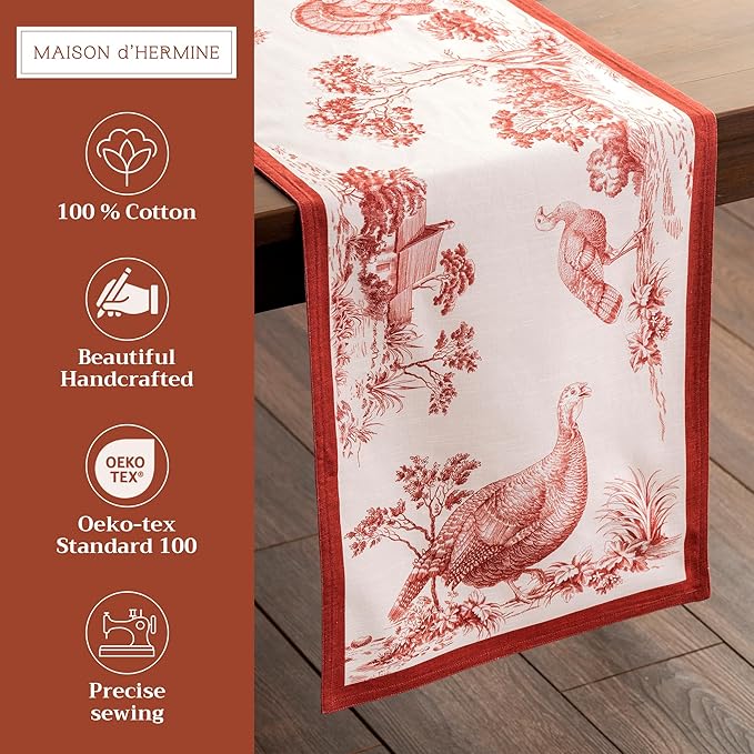 Maison d' Hermine Table Runner 100% Cotton Double Layer Table Runners 108 inches Long for Thanksgiving Christmas Decorations Home Kitchen Dining Party Wedding (Holy Jouy - Red, 14.5" x 108")