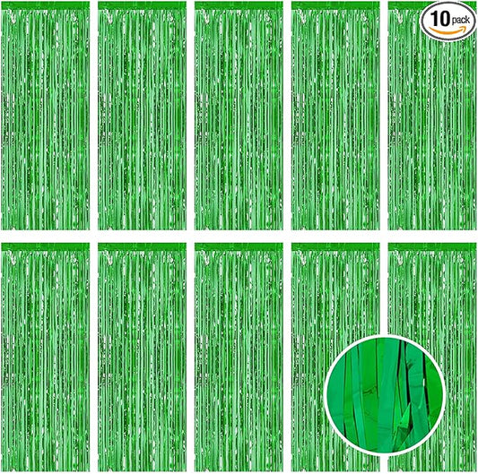 10 Pack Green Foil Curtain Backdrop 3.2ft x 9.8ft Metallic Tinsel Foil Fringe Curtains Streamer Photo Booth Backdrop for Birthday Party Engagement Bachelorette Party Decorations (Green)