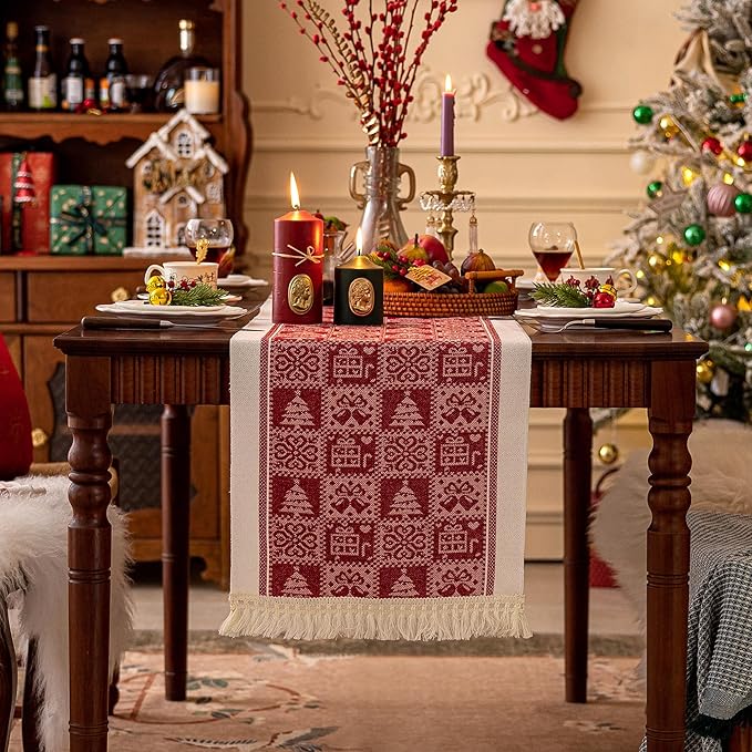 Table Runners 72 Inches,Christmas Tree Table Runner with Tassel Fringe,Gift Table Runner for Party，Coffee Table, Festival