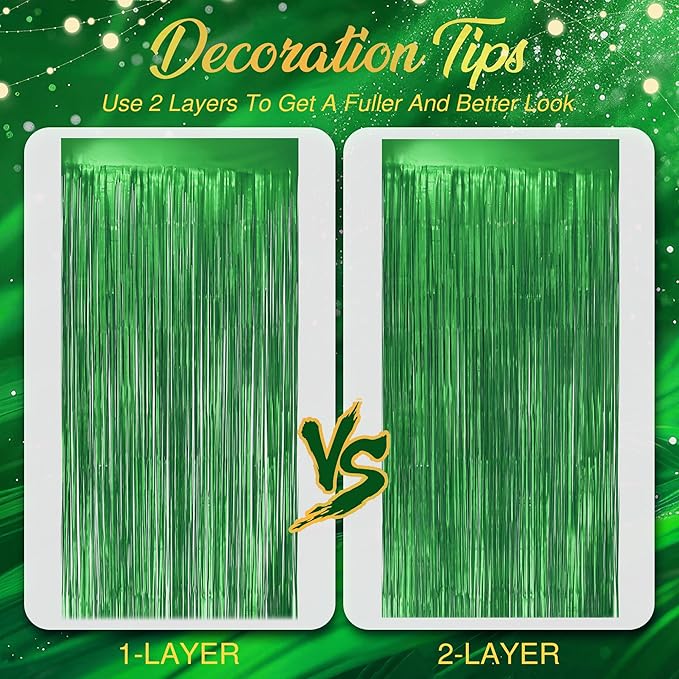 2 Pack Metallic Green Fringe Backdrop, 3.2x8.2ft Shining Foil Tinsel Curtains, Birthday Party Decorations Door Streamers for Halloween, Christmas, Wedding, Graduation, Holiday, Theme Events