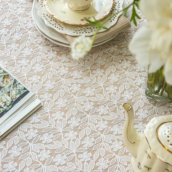 Lace Tablecloth Leaf Pattern Warp Knitting Fabric Solid White Rectangle/Oblong Table Cover for Kitchen Dining Farmhouse Wedding Party Decor Ivory, 55x102 Inch