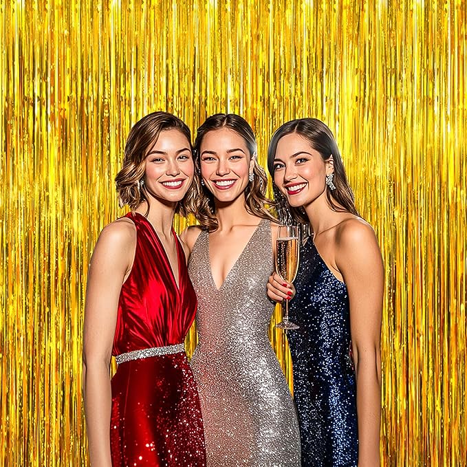 BTSD-home Gold Foil Fringe Curtain, Metallic Photo Booth Backdrop Tinsel Door Curtains for Wedding Birthday Bridal Shower Baby Shower Bachelorette Christmas Party Decorations(4 Pack, 8ft x 3ft)