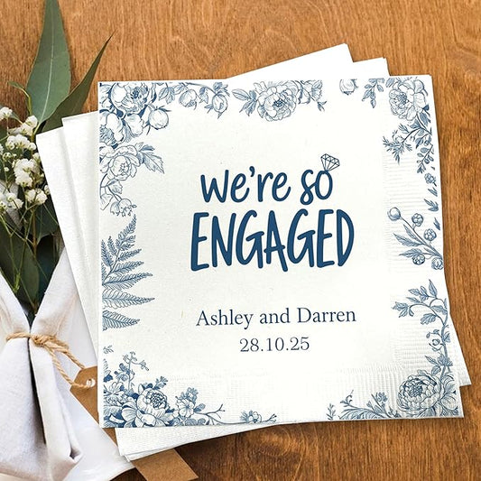 Luxury Personalized Engagement Napkins, We're Engaged, Custom Cocktail Napkins, Beverage Luncheon Cocktail Bar Napkin For Reception, Napkin Decor for Engagement Party, Bridal Shower