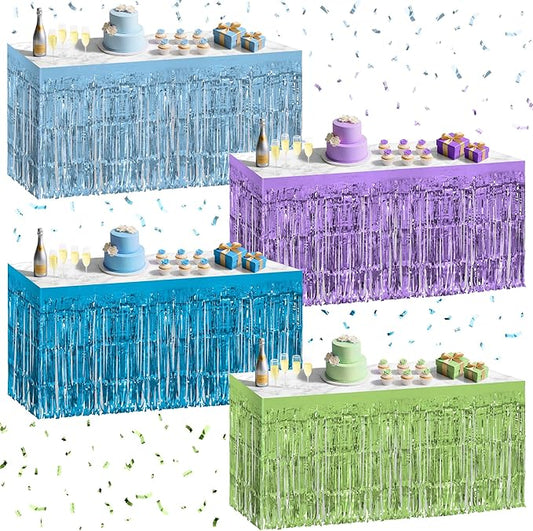 4 Pack Blue Lime Green Purple Series Table Skirts, 29x108" Metallic Foil Tinsel Fringe Table Skirt for Rectangle Tables Streamer Curtains Backdrop, Party Decorations for Birthdays, Weddings, Holidays