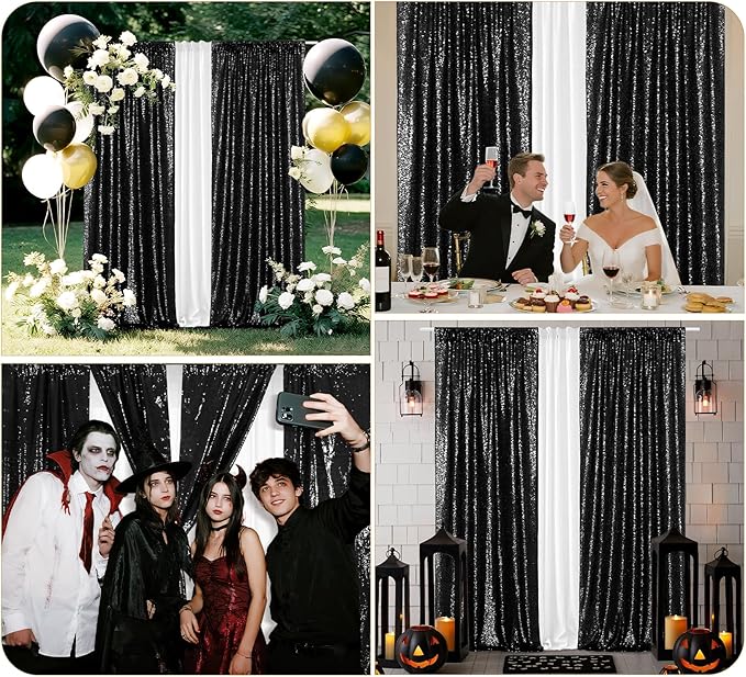 Juya Delight 2Pcs 2ftx8ft Black Shimmer Sequin Backdrop Curtains - Black Glitter Photo Backdrop for Wedding Birthday Parties Wall Decoration