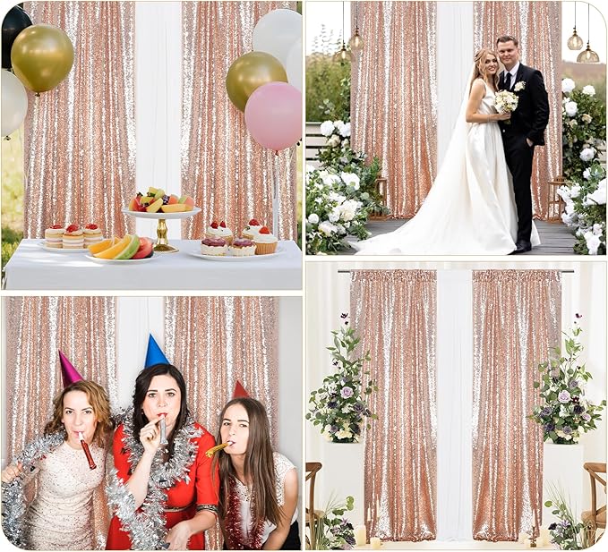 Juya Delight 2Pcs 2FTx8FT Rose Gold Sequin Backdrop Curtains Rose Gold Glitter Photo Backdrops for Party Birthday Wedding Decoration