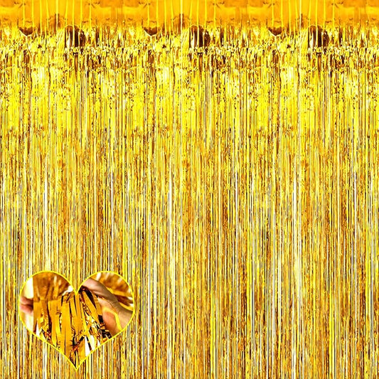4 Pack Gold Fringe Curtain Backdrop, 3.2Ft x 6.6Ft Metallic Tinsel Foil Fringe Streamers Background for Photo Booth Birthday Wedding Baby Shower Carnival Easter Mother’s Day Party Decorations