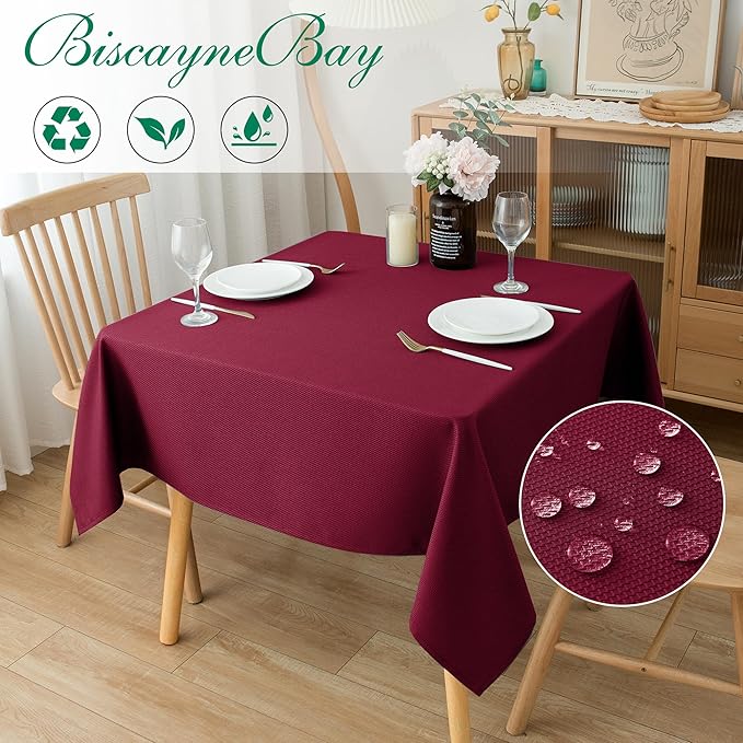 Biscaynebay Textured Fabric Christmas Square Table Cloth 60x60 Square, Burgundy Water Resistant Tablecloths for Dining, Kitchen, Wedding, Parties etc. Machine Washable