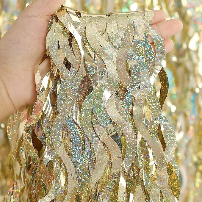 4 Pack Champagne Gold Fringe Curtain Backdrop - CYLMFC 3.3 ft x 6.6 ft Shimmer Wavy Foil Curtain for Birthday Party, Yellow Fringe Backdrop Streamers Party Decorations