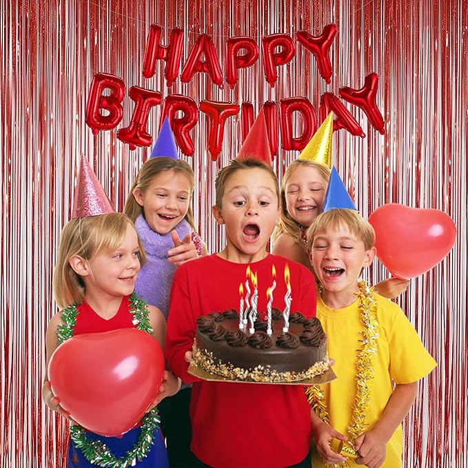 Melsan 2 Pack Red Tinsel Foil Fringe Curtains Backdrop, Sparkle Tinsel Backdrop Curtains for Fourth of July Patriotic Birthday Party Decorations
