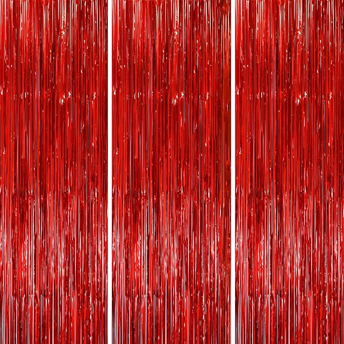 3 Pack 3.3x8.2 Feet Red Foil Fringe Backdrop Curtains, Tinsel Streamers Birthday Party Decorations, Fringe Backdrop for Graduation, Baby Shower, Gender Reveal, Disco Party