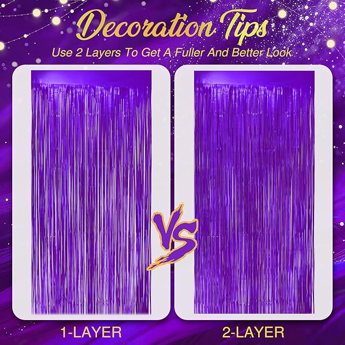 2 Pack Metallic Purple Fringe Backdrop, 3.2x8.2ft Shining Foil Tinsel Curtains, Birthday Party Decorations Door Streamers for Halloween, Christmas, Wedding, Graduation, Holiday, Theme Events