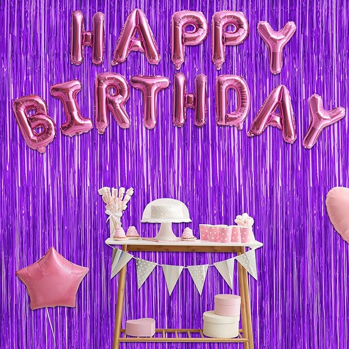 2 Pack Backdrop Curtains, 3.28 FT x 7.05 FT Purple Tinsel Backdrop, Metallic Purple Backdrop Fringe Curtains Foil Streamer, Party Supplies Photo Props for Anniversaires Wedding Party