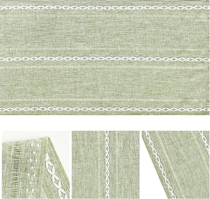 Artoid Mode Sage Green Rustic Cotton Linen Table Runner, Seasonal Embroidered Hollow Kitchen Dining Table Decoration for Home Party Decor 13x36 Inch