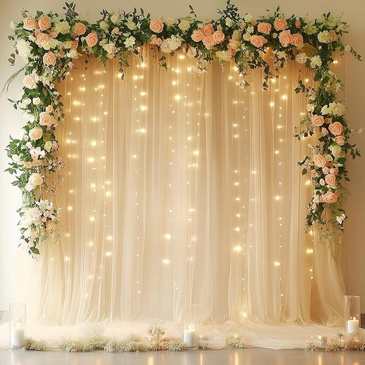 Fomcet Champagne Tulle Backdrop Curtains with Lights String 10FT X 10FT Sheer Curtain with Lights Tulle Curtains Backdrop for Wedding Birthday Party Photo Shoot (2 Panels 5x10FT)