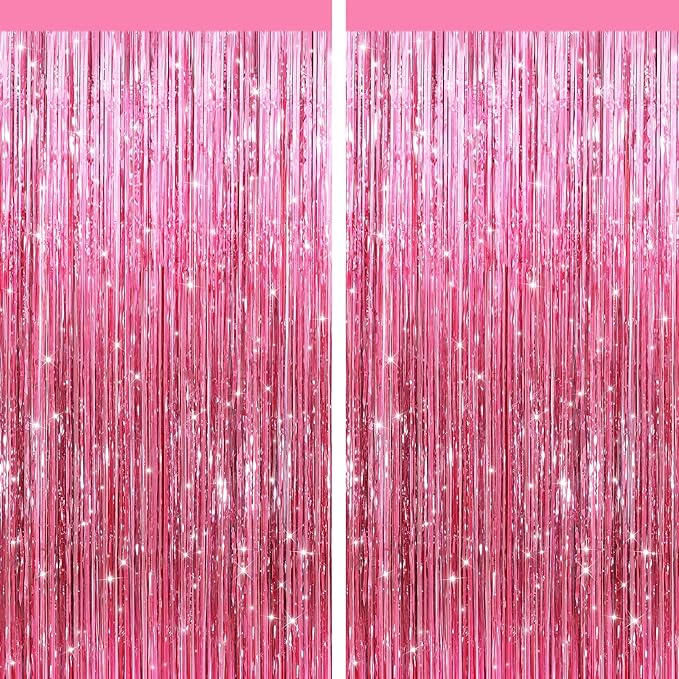 2 Pack Pink Metallic Tinsel Foil Fringe Curtains, Door Streamers Photo Booth Backdrop for Birthday Party, Tinsel Curtain Backdrop for Baby Shower Bachelorette Christmas Party Decorations